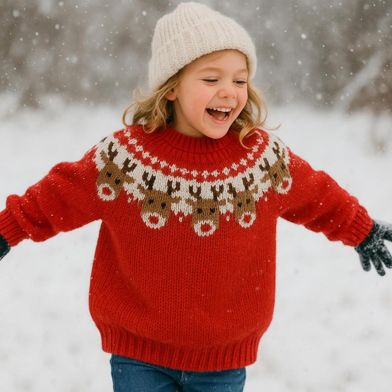 Boys Girls Chunky Reindeer Fair Isle Yoke Sweater PDF Knitting Pattern