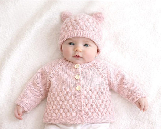 Bubble Stitch Cardigan & Bear Hat Knitting Pattern