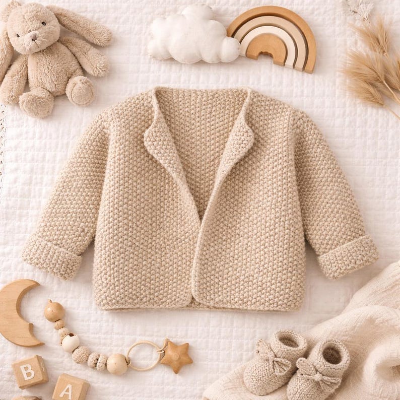 Easy Girls Boys Baby Moss Stitch Cardigan Knitting Pattern