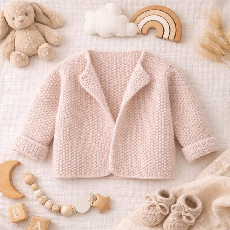 Easy Girls Boys Baby Moss Stitch Cardigan Knitting Pattern