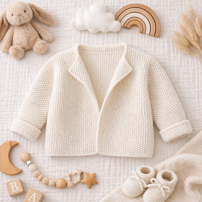 Easy Girls Boys Baby Moss Stitch Cardigan Knitting Pattern