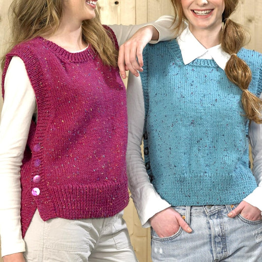Ladies Simple Aran Slipover Side Buttons Knitting Pattern