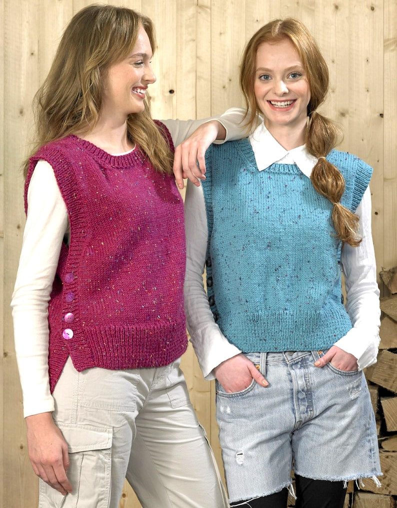 Ladies Simple Aran Slipover Side Buttons Knitting Pattern