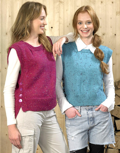 Ladies Simple Aran Slipover Side Buttons Knitting Pattern